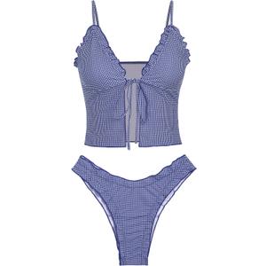 seamoly Tankini Bikini Sets for Women Plaid Ruffle Cheeky High Cut Swimsuit Sexy Two Piece Bathing Suits Blue Gingham S