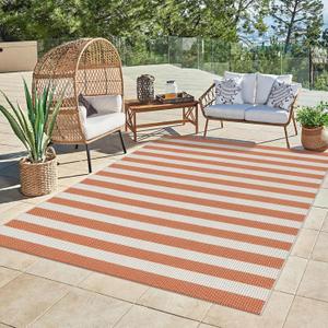 LEEVAN Outdoor Patio Rug 5x7 Striped, Orange and White, Washable, Foldable, Lightweight, Reversible, Machine Washable, Perfect for Patio, Deck, Backyard, Balcony, Beach, Indoor/Outdoor Use