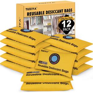 TUXIYA 12 Pack(200g Each) Rechargeable Silica Gel Desiccant Packets,Color Indicating Desiccant Packs for Storage,Moisture Absorbers for Storage Bins,Suitcase,Safes,3D Filaments,Wet Zones and Cars