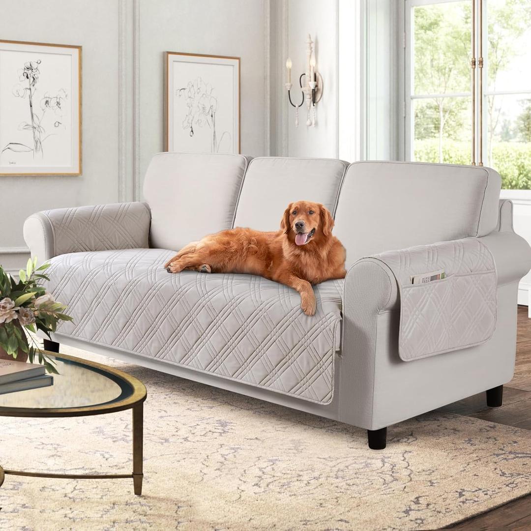 TAOCOCO Waterproof Couch Covers for Pets Dogs with Non Slip Backing, Sofa Seat Covers with Side Pocket for 3 Cushion Couch Washable Dog Couch Cover Protector Sofa Slipcovers(Sofa, Cream)