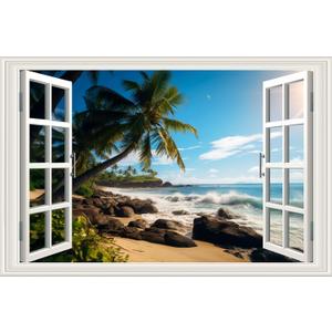 3D Self-Adhesive Painting Fake Window Wall Stickers Tropical Island with Palm Trees Wall Mural Window View Wall Decor for Home (A, 36"24")