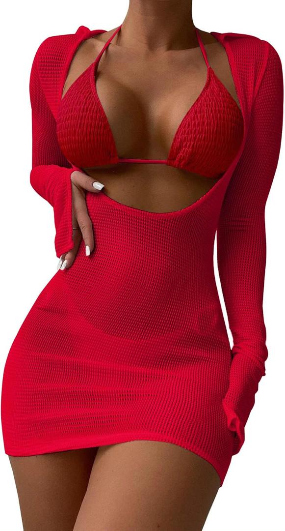 Lilosy Sexy Crochet Sheer Long Sleeve Cover Up Swim Bathing Suit Beach Dress One Piece (Smocked Red), XS