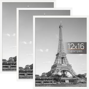 upsimples 12x16 Picture Frame White 3 Pack, Scratch-Proof Poster Frames 12 x 16 for Photo Gallery - Slide-In Strips, Horizontal or Vertical Wall Mounting