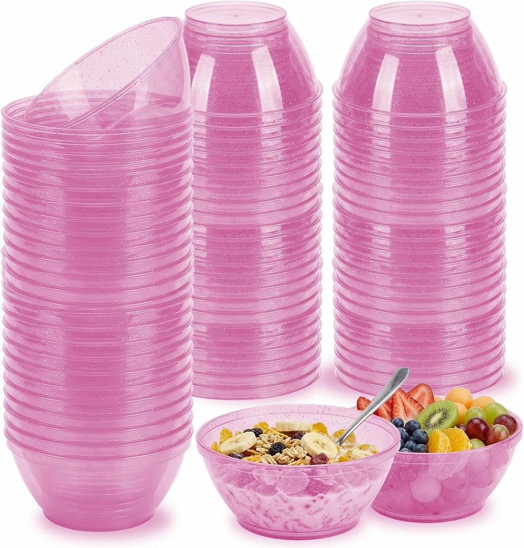 100 Pack 6oz Glitter Pink Disposable Plastic Bowls, Glitter Small Bowls for Ice Cream, Candy, Salsa, Fruit. Great for Mother's Day, Parties, Birthday, Weddings, Baby Showers, Holiday Events (Pink)