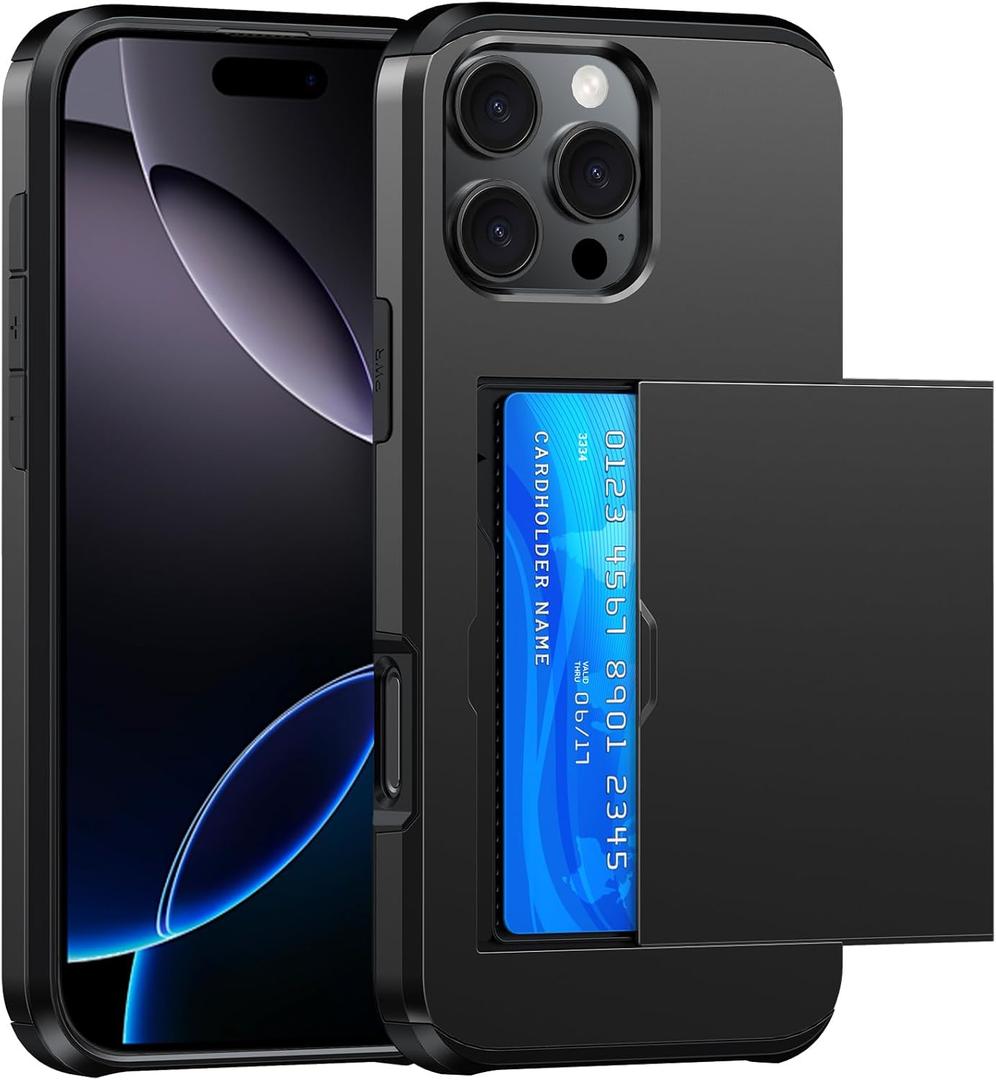 Wallet for iPhone 16 Pro Max Case with Card Holder Dual Layer Military Grade Protective Shockproof Hidden Card Slot Slim Fit Phone Cover - Black