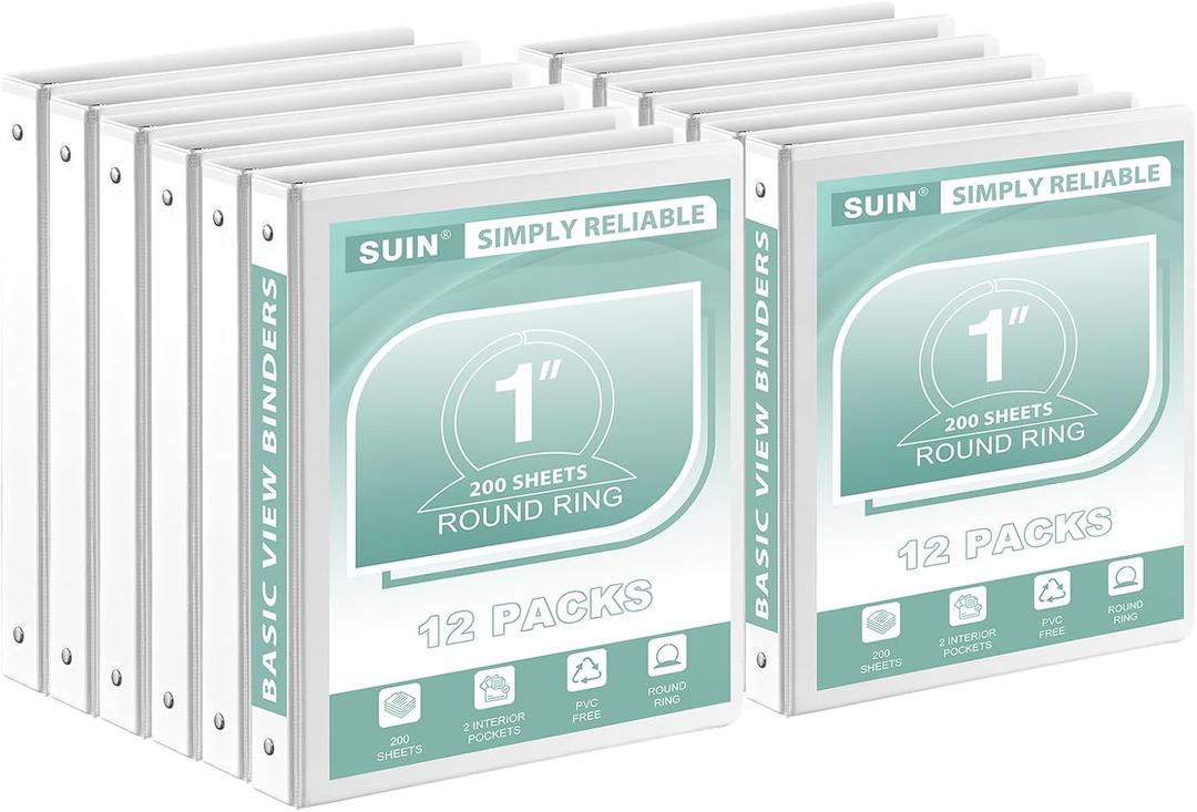 SUIN 1-Inch 3-Ring-Binder, Clear View Cover, for US Letter Size 8-1/2 x 11'', Perfect for Office/School (White - 12 Packs)