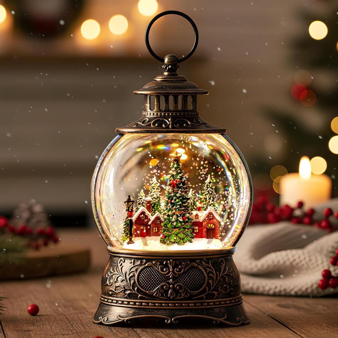 Christmas Village Snow Globe Lighted Christmas Tree and Village Scene, Musical Snow Water Lantern Swirling Glittering Home Decoration and Gift, Battery Operated or USB Powered