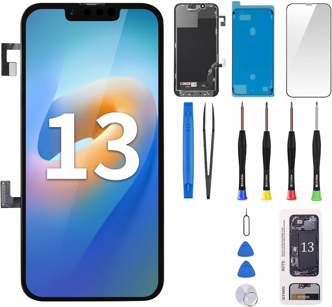 for iPhone 13 Screen Replacement 6.1" with Ear Speaker Flex Cable Proximity Sensor LCD Touch Display Digitizer Full Assembly with Front Glass Repair Tools Kits A2482 A2631 A2634 A2635 A2633