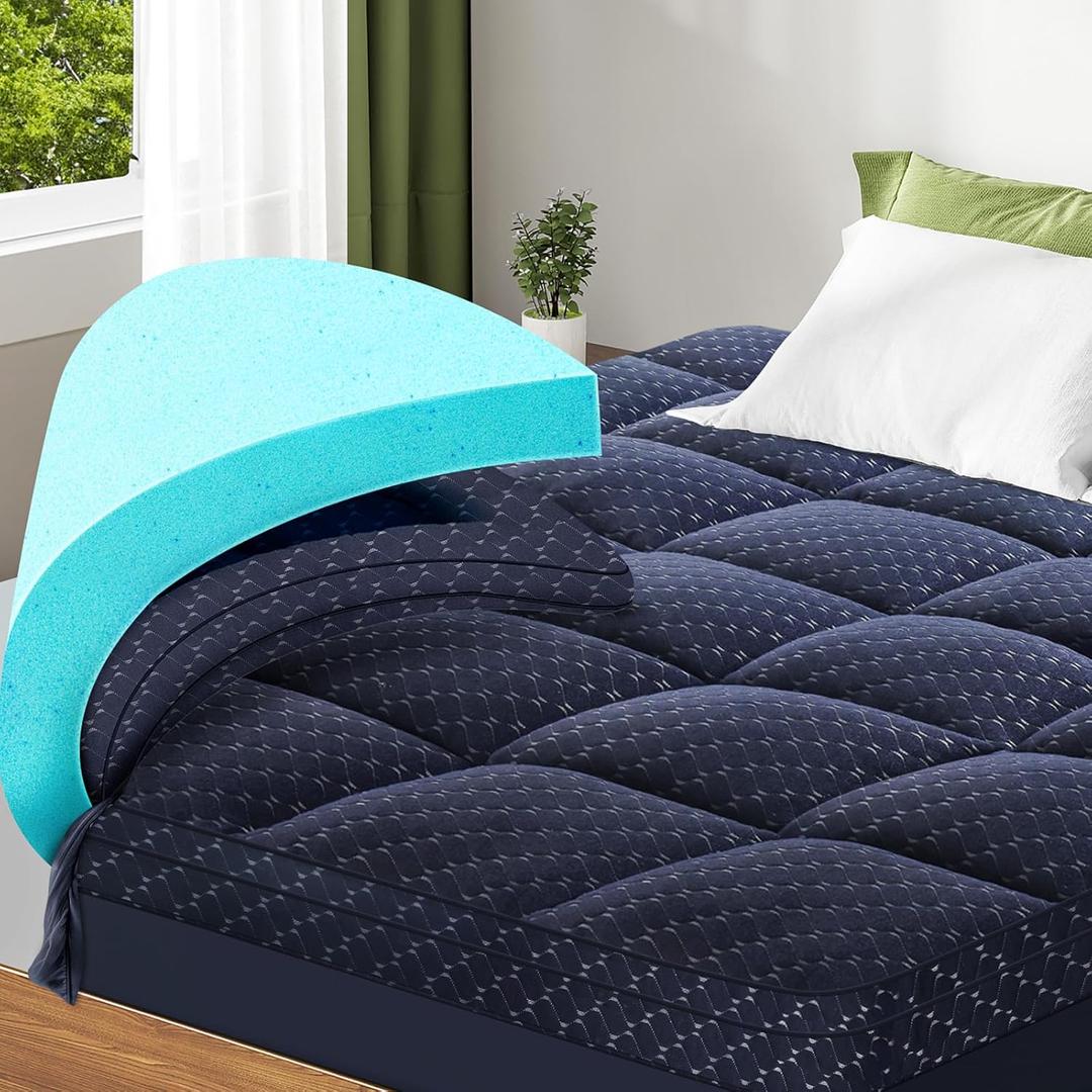 Dual Layer 3 Inch Memory Foam Mattress Topper King Size, 2 Inch Gel Memory Foam Plus 1 Inch Cooling Pillow Top Mattress Pad Cover, with 8-21 Inch Deep Pocket, (Navy Blue)