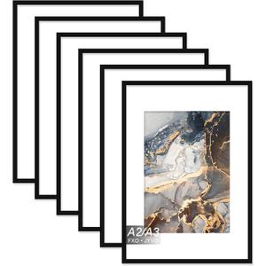 Fxojyvo A2 Frame Set of 6, Display Poster A3 with Mat or A2 Without Mat, Light Weight and High Transparent Picture 16.5x23.4 Frame for Wall - 6 Pack/Black
