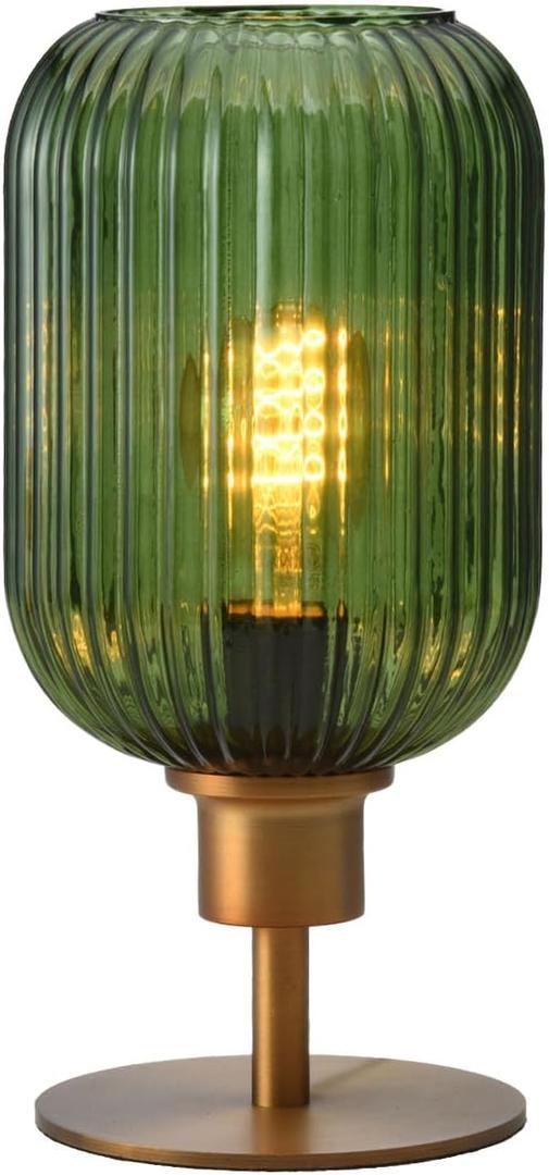 Mid Century Glass Table Lamp,Dimmable Desk Lamp,LED Bulb Included,Timer Build-In,Green Ribbed Glass
