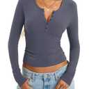 EasyGala Womens Cotton Long Sleeve Shirts V Neck Henley Tops Slim Fit Basic Going Out Tshirts 2025 Fall Fashion Outfits Dark Grey,L