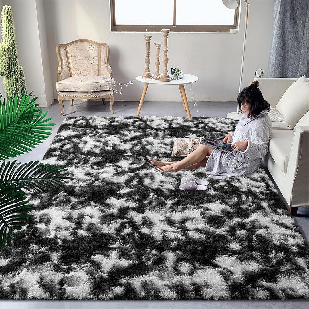 DweIke Fluffy Black White Shag Rugs for Bedroom Living Room, 3x5 Feet Soft Plush Tie-Dyed Cow Girls Boys Kids Rug, Non-Slip and Machine Washable Carpet for Dorm Nursery Classroom Decor