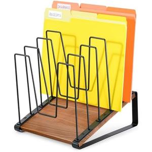 HULISEN Inclined Desk File Organizer, 5-Section Vertical File Folder Holder Stand, Metal File Sorter Rack with Wooden Base, Desktop File Organizer for Office Classroom Home Workspace