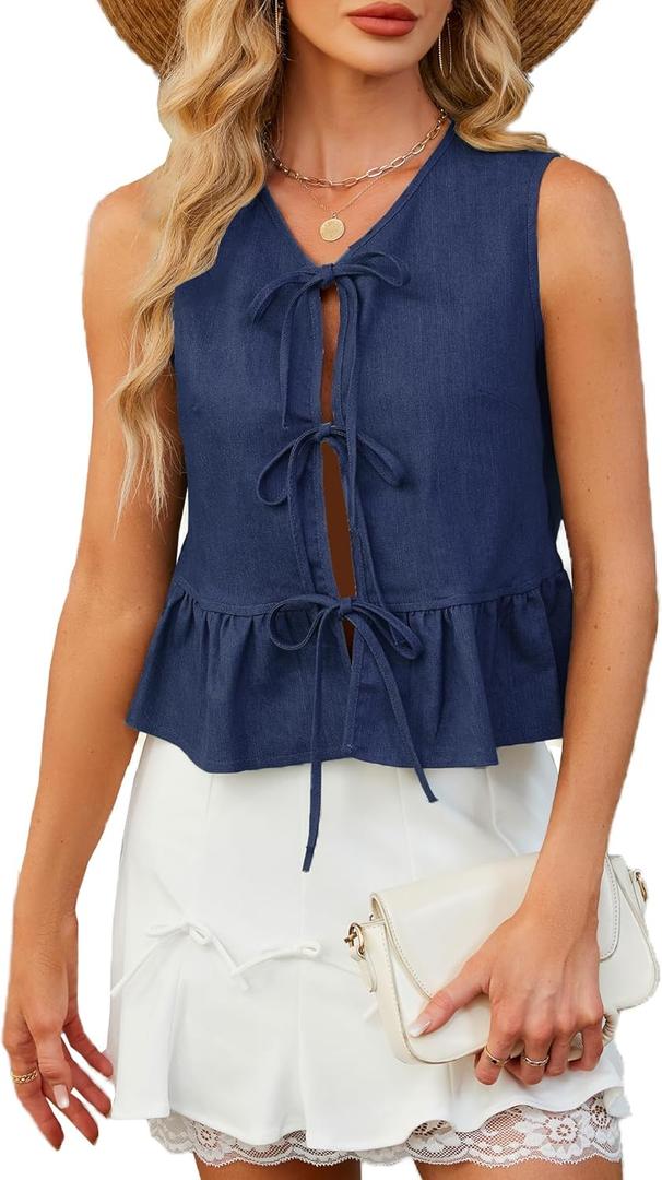 Denim Tops for Women Jean Vest Top Sleeveless V Neck Waistcoats Suit Denim Vest Bow Tie Front Peplum Crop Tank Tops (Blue, M)