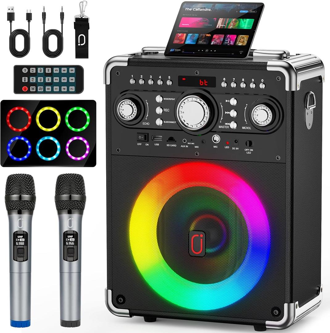 Karaoke Machine with 2 Wireless Microphones for Adults, Portable Bluetooth Party Speaker with Echo Adjustment, Singing Machine Support TWS/USB/TF Card/Guitar/TV Connected for Outdoor/Events etc Karaoke Machine with 2 Wireless Microphones for Adults, Portable Bluetooth Party Speaker with Echo Adjustment, Singing Machine Support TWS/USB/TF Card/Guitar/TV Connected for Outdoor/Events etc