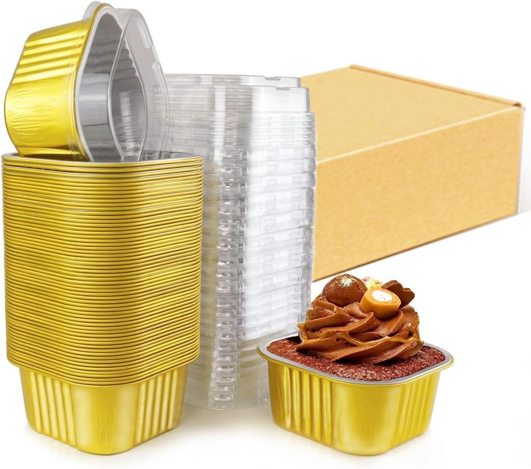 14 oz Mini Cake Pans with Lids, Square Muffin Pans, Multi-purpose Aluminum Baking Cups, Premium Dessert Cups, Creme Brulee Ramekins Oven Safe, 60 Pack
