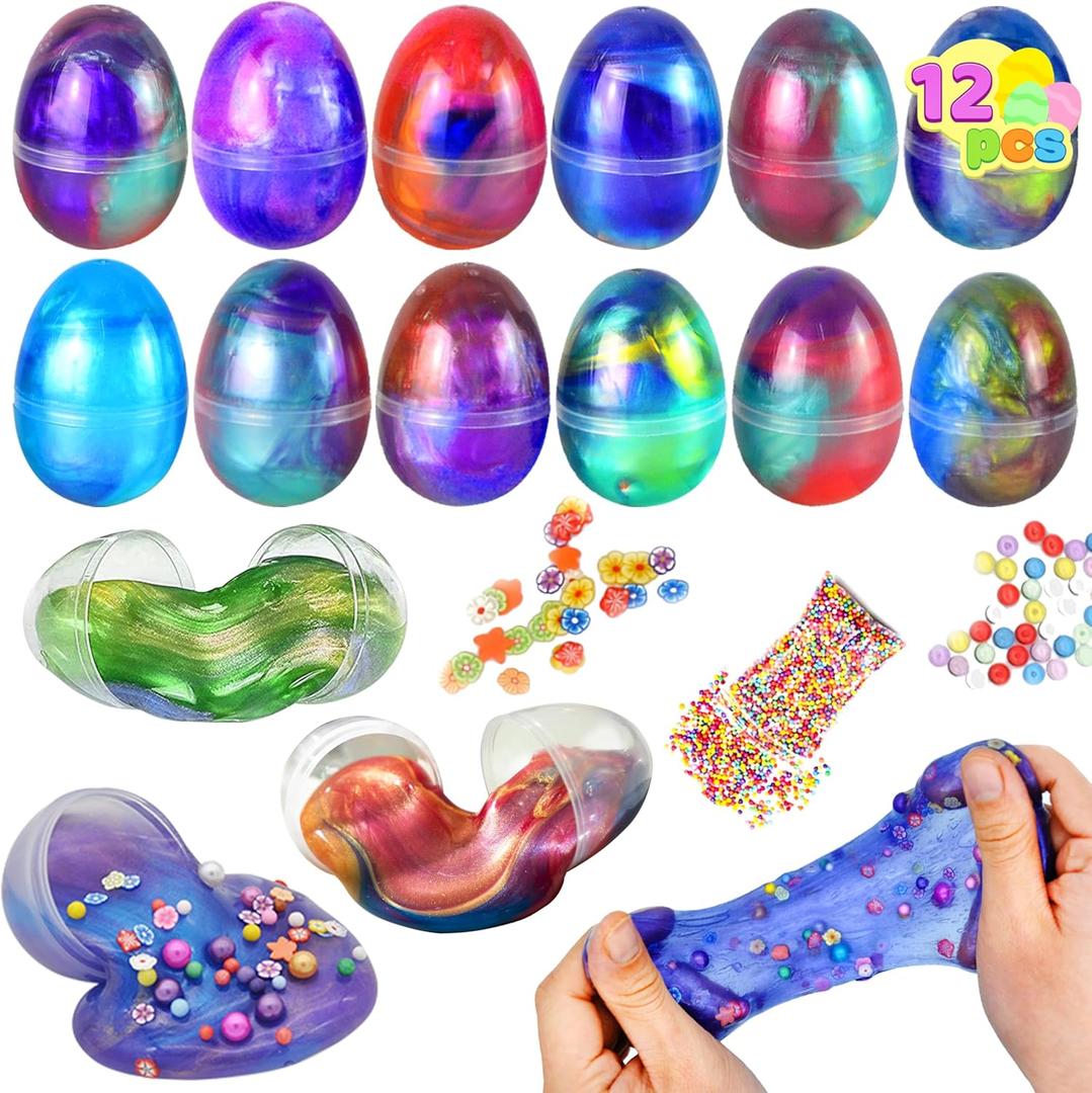 Joyin 12 Pcs Prefilled Easter Eggs with Galaxy Slime, Colorful Putty with Toys, Stress Relief Sludge Toys for Kids Easter Eggs Hunt, Basket Stuffers Filler and Party Favors