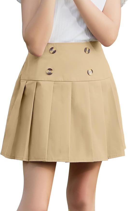 GORLYA Girls School Uniform Woven High Waist Button Front Skater Tennis Pleated Hem Short Skirt, 8Y