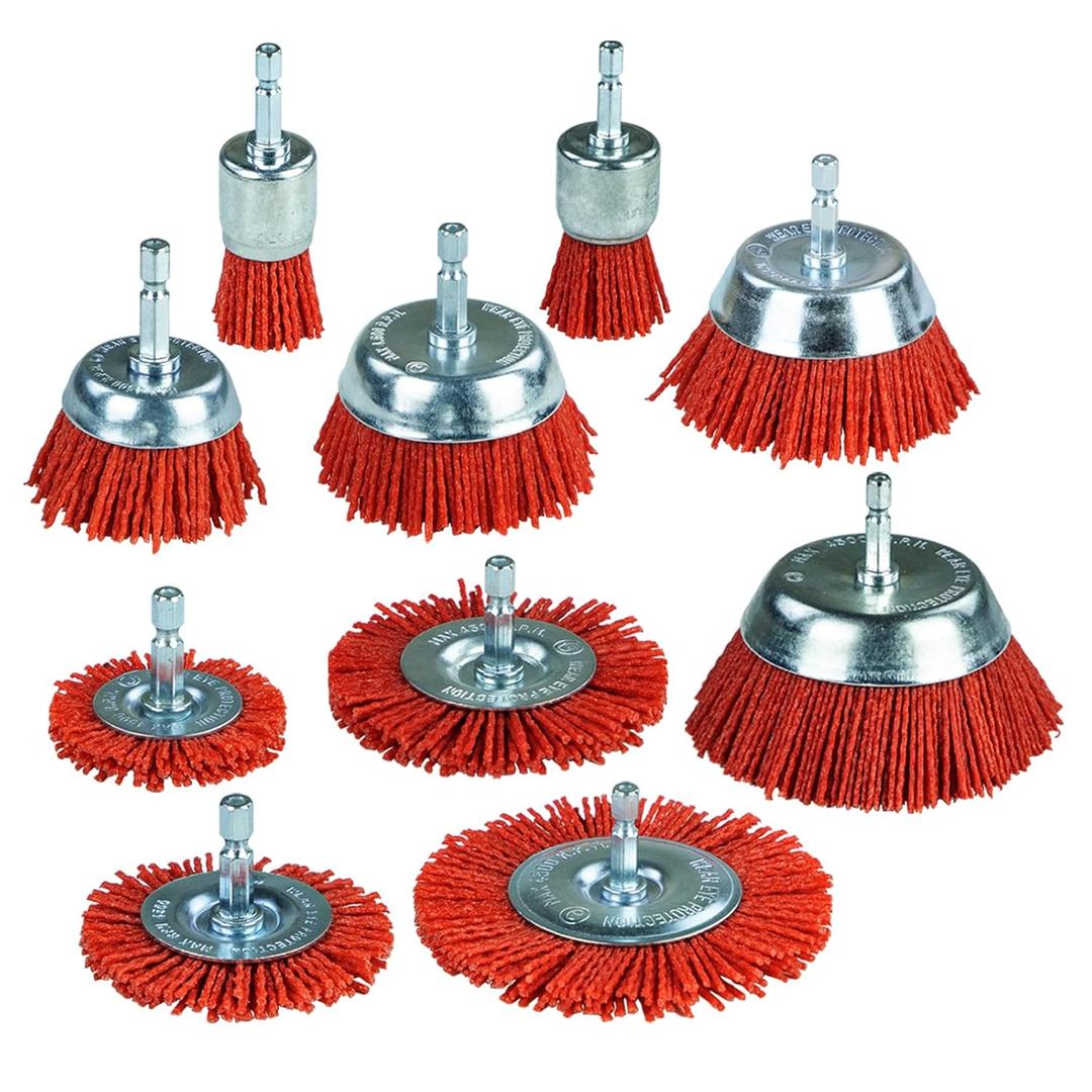 SALI 10 Pack Nylon Filament Abrasive Wire Brush Wheel & Cup Brush Set with 1/4 Inch Hex Shank, 4 Sizes Nylon Drill Brush Set for Removal of Rust Corrosion Paint