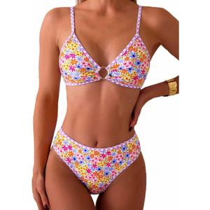 Tainehs Women's Two Piece Bikini Sets O Ring Front Top Ditsy Floral Triangle Swimsuits Cheeky Bathing Suit, Size S (Pink Flower 2)