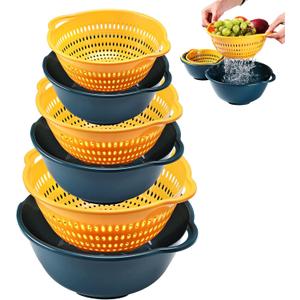6 Pieces Colander with bowl, Food Strainer for Pasta Veggies and Fruits, BPA Free, Dishwasher Safe (blue) (large)