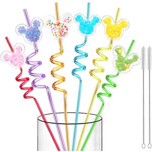 24 Glitter Mouse Ear Party Favors-Reusable Drinking Straws-Birthday Oh Twodles Party Supplies- Plastic Straws for Boys Girls Party Decorations,Princess Theme Crazy Silly Straw with 2 Cleaning Brushes