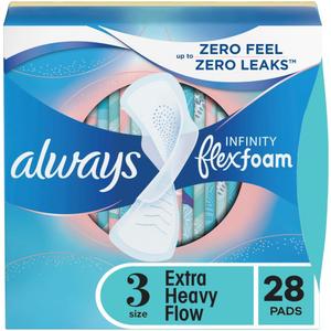 Always Infinity Feminine Pads for Women, Size 3, Extra Heavy Flow, with Wings, Unscented, 28 CT