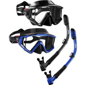 Aegend Snorkeling Gear for Adults Youth Kids, Snorkel Mask with Top Dry Valve - Panoramic View Anti-Leak and Anti-Fog with Mesh Bag for Snorkeling, Scuba Diving, Freediving & Swimming (2 PACK-Black & Deep Blue)