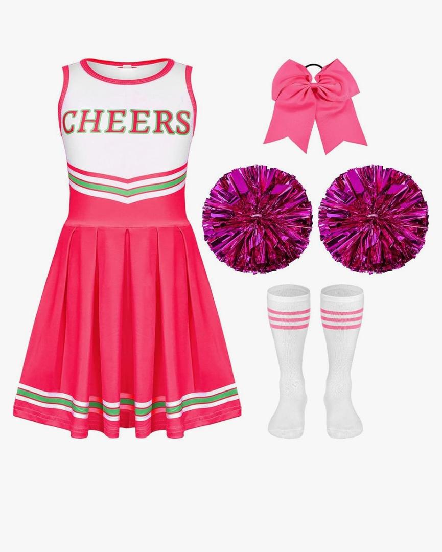 Girls Cheerleader Costume Outfit Set Fancy Dress for Halloween Party Birthday, Pink