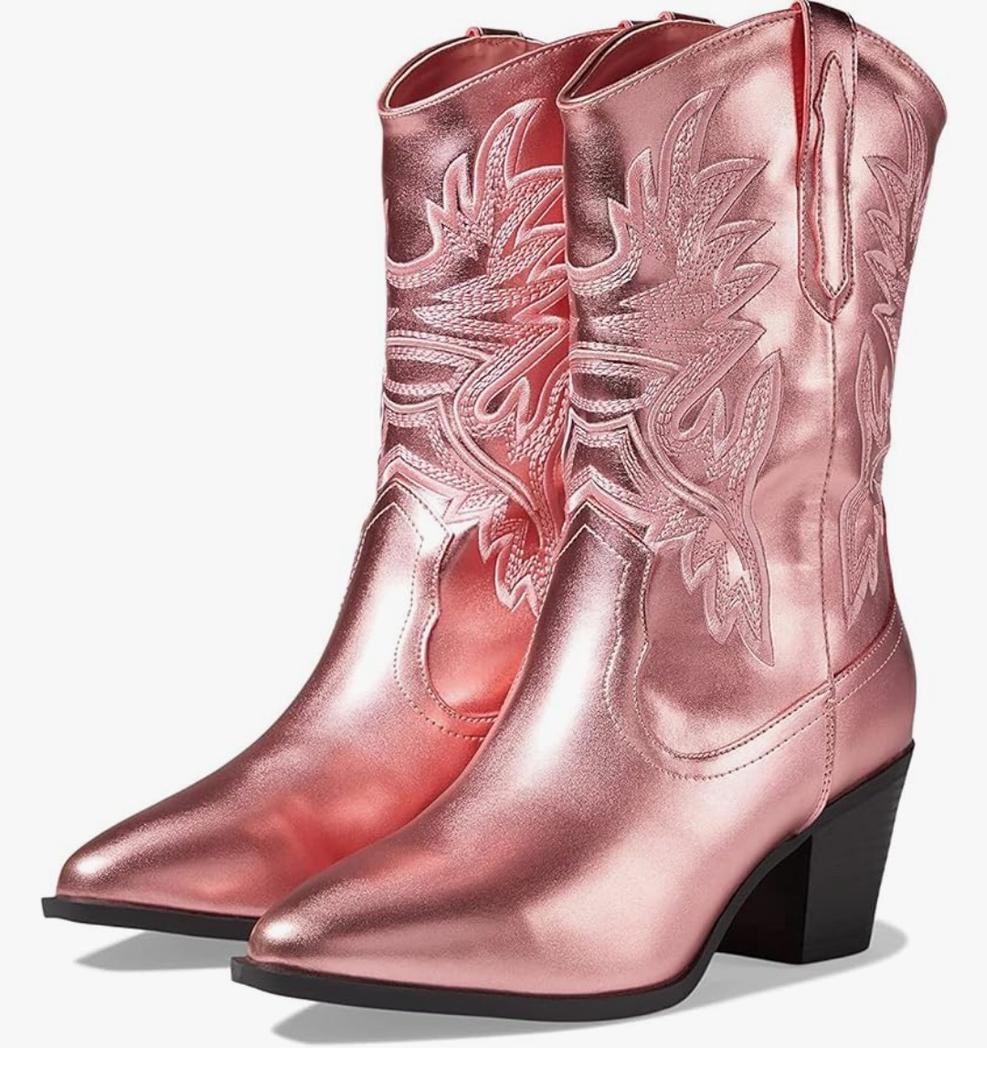 SHODENSE Women Metallic Western Ankle Boots Chunky Heel Pointed Toe Embroidered Cowboy Boots Mid Calf Pull On 3 Inch Block Heel Ankle Booties Cowgirl Wide Calf Vintage Fashion Party SIZE 8.5