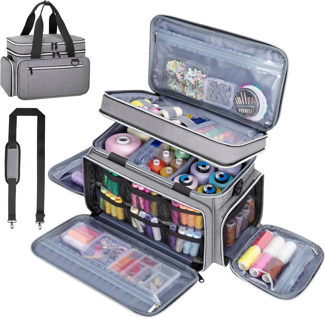 Anitor Large Sewing Supplies Organizer, Double Layer Sewing Storage Organizer with Two Detachable Dividers, Travel Sewing Bag Organizer with Shoulder Strap for Accessories, Gray, (Bag Only)