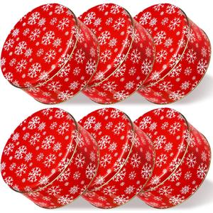 6 Pcs Christmas Cookie Tins with Lids 7 Inch Round Metal Snowflake Container Xmas Cookie Boxes Empty Holiday Decorative Tins for Gift Giving Baking Chocolate Snack Storage, Red
