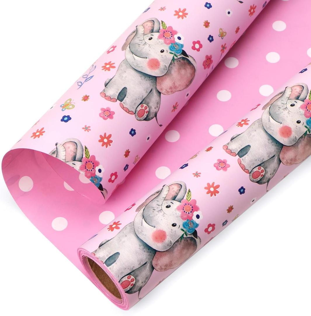 Ribbli Reversible Baby Girl Wrapping Paper Elephant with Pink Polk Dots Paper for Baby Shower Kids Birthday Party - 17Inch x 394Inch(33Feet)