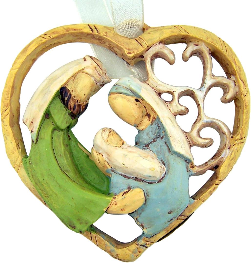 4 x Holy Family Nativity of Christ Heart Shape 3 Inch Religious Christmas Tree Ornament