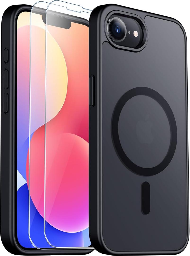 SPIDERCASE for iPhone 16e Case for iPhone 17e Case, Magnetic Translucent Matte Case with 2PCS Tempered Glass Screen Protector Slim Phone Case for iPhone 16E/17E 6.1'', Black