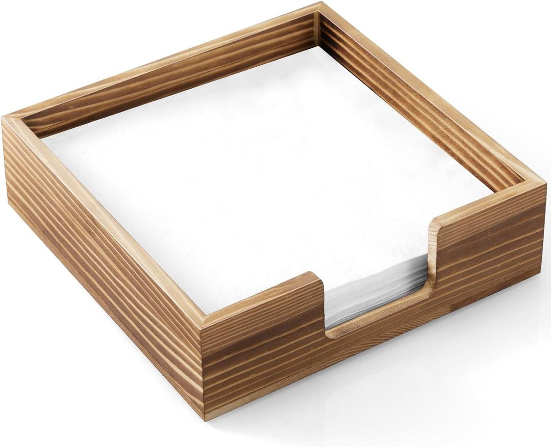 Napkin Holder for Table, Burnt Wood Napkins Holders For Paper Napkins, Farmhouse Square Napkin Holders for Kitchen Home Dinner Table Decor, Napkin Dispenser for Luncheon (Brown)