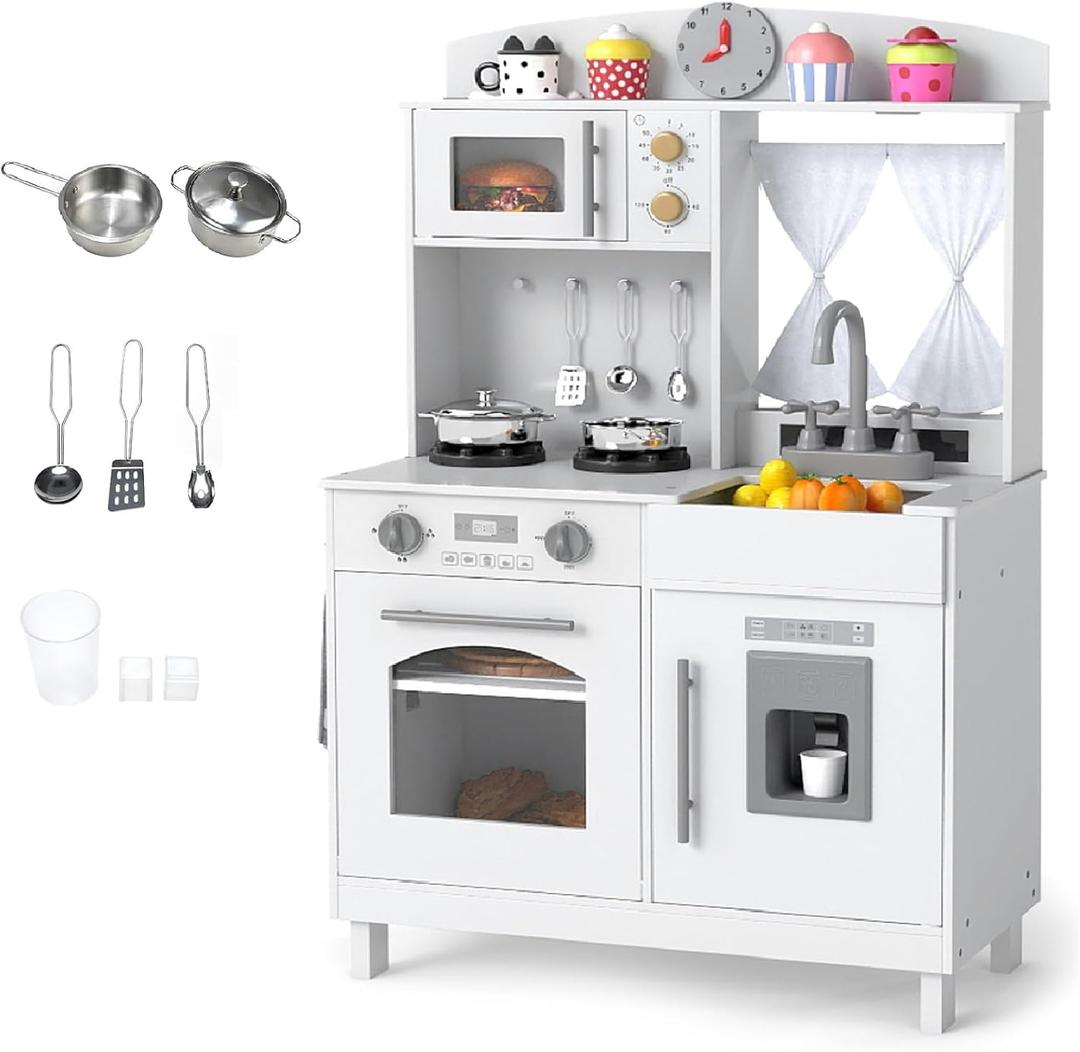 INFANS Kids Kitchen, Wooden Pretend Playset with Adjustable Heights Realistic Sounds Ice Maker Microwave Oven, Toddler Cooking Toy Gift for Boys Girls Aged 3+