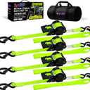 Retractable Ratchet Straps (4-Pack) - Heavy Duty Auto Slow Retraction Tie Down Straps - 1 Inch x 13 Feet (1,800lb Break Strength) for Truck, Cargo Trailer, Motorcycle, ATV, UTV - Fluorescent Green