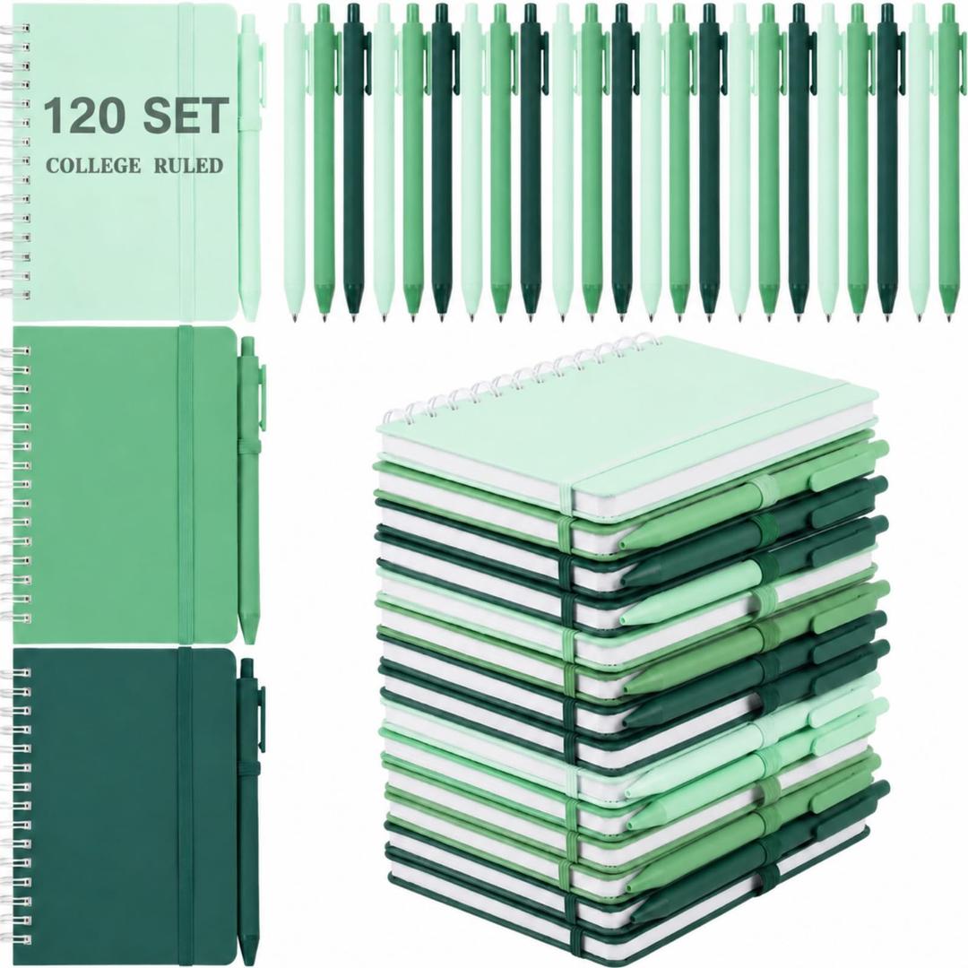 Fulmoon 120 Set Small Spiral Notebooks A6 with Pens & Holder, Forest Greens