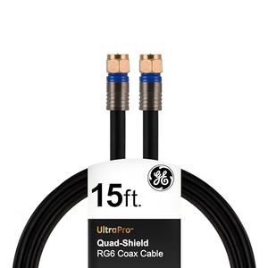 GE RG6 Coaxial Cable, 15 ft. F-Type Connectors, Quad Shielded Coax Cable, 3 GHz Digital, In-Wall Rated, Ideal for TV Antenna, DVR, VCR, Satellite, Cable Box, Home Theater, Black, 33732