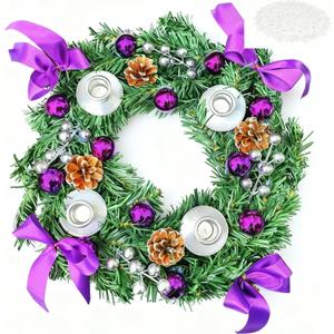 Purple Advent Wreath with Lace Doily Centerpiece, 13-Inch Christmas Table Wreath with 4 Silver Candle Holders - Candles Not Included