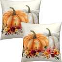 Kawani Orange White Pumpkin Flower Leaf Throw Pillow Cover 18x18 Inch Pack of 2 Fall Thanksgiving Cushion Pillow Case Square Autumn Flowers Pillowcase for Party Bed Sofa Home Car Bedroom Outdoor