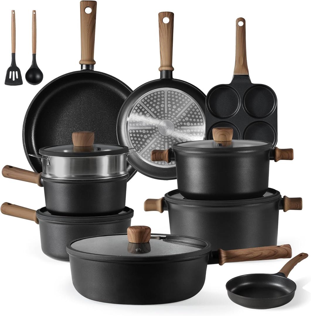 CAROTE Nonstick Kitchen Cookware Sets, Non stick Pots and Pans set, Induction Cookware Set of 17, Black