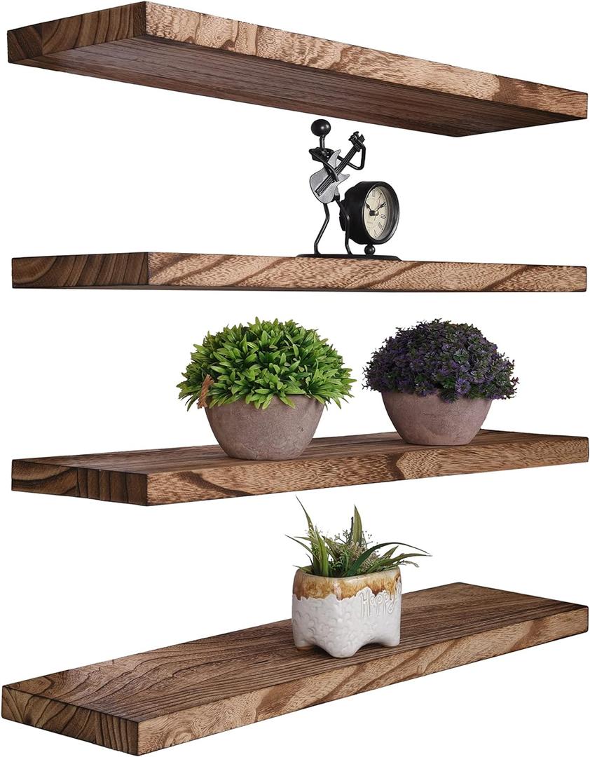 Wood Floating Shelves for Wall Decor, Rustic Wall Shelves for Bedroom Bathroom Kitchen Living Room, Set of 4 Light Walnut 24 Inch