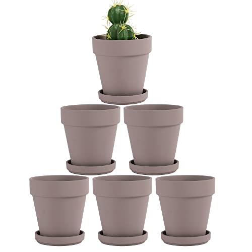 Fcacti 4 Inches Small Grey Terracotta Pots with Saucer, 6 Pack 4" Terra Cotta Planter with Drainage Holes, Small Clay Flower Pots for Plants, Succulents, Crafts, Wedding Favor