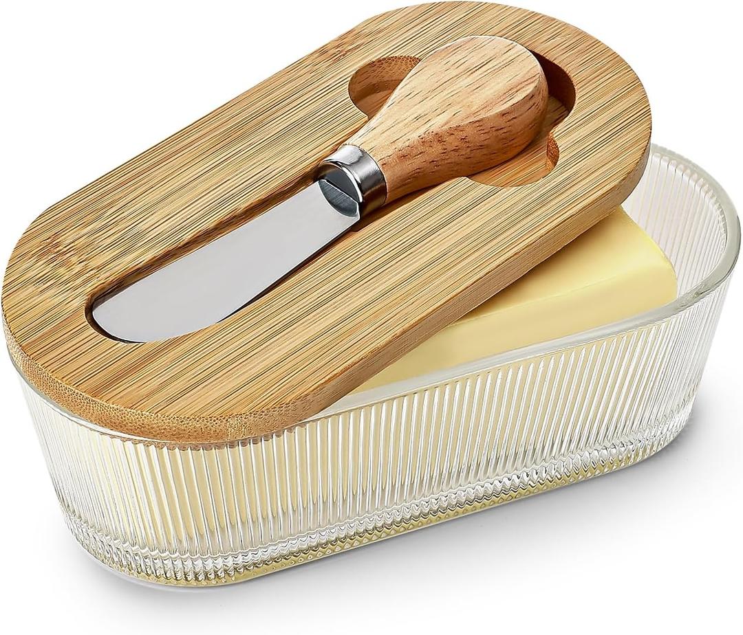 Butter Dish with Lid, Glass Butter Container for Countertop, Butter Keeper Holder with Wood Lid and Knife for East West Coast Butter Stick, Kitchen Counter Dcor (Stripe)