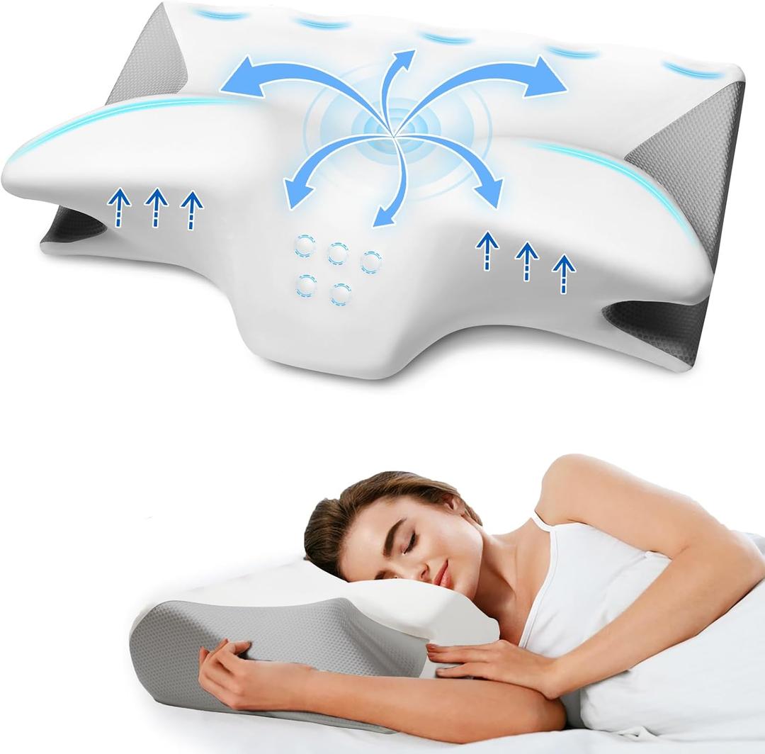 Cervical Pillow for Neck Pain Relief, Cooling Contour Memory Foam Pillows Support Odorless Ergonomic Neck Pillow Adjustable Orthopedic Bed Pillow for Side Back Stomach Sleeper with Pillowcase DFD, Queen