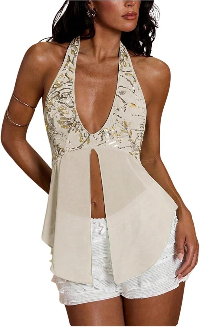 Verdusa Women's Sequin Beaded Boho Halter Tops Rave Club Tie Backless Babydoll Tops, Small, Apricot 