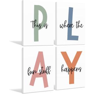 Kids Playroom Wall Art Boys Room Wall Decor Childrens Playroom Canvas Prints Baby Boy Kids Room Poster Decor Toddler Nursery Print Artwork Let'S Play Sign 12x16 Inch Set of 4 Ready to Hang